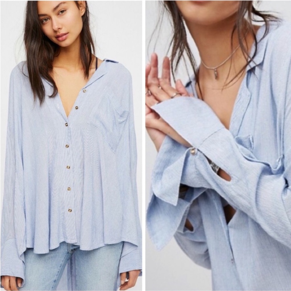 Free People Magic Breeze Button Up
Blue and White Stripe Oversized Flowy Top XS